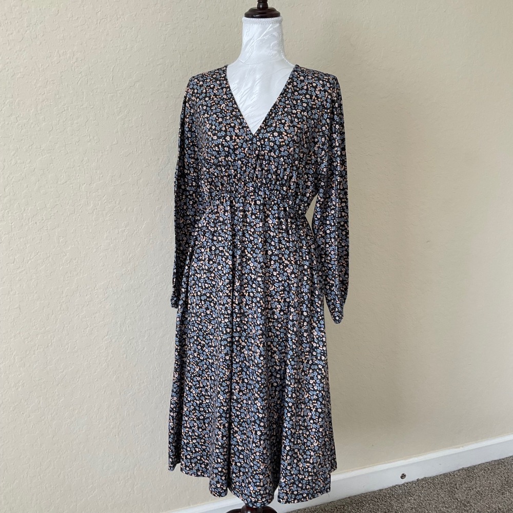Floral Maternity Midi Dress Medium Long Sleeve V-Neck Stretchy Empire Waist